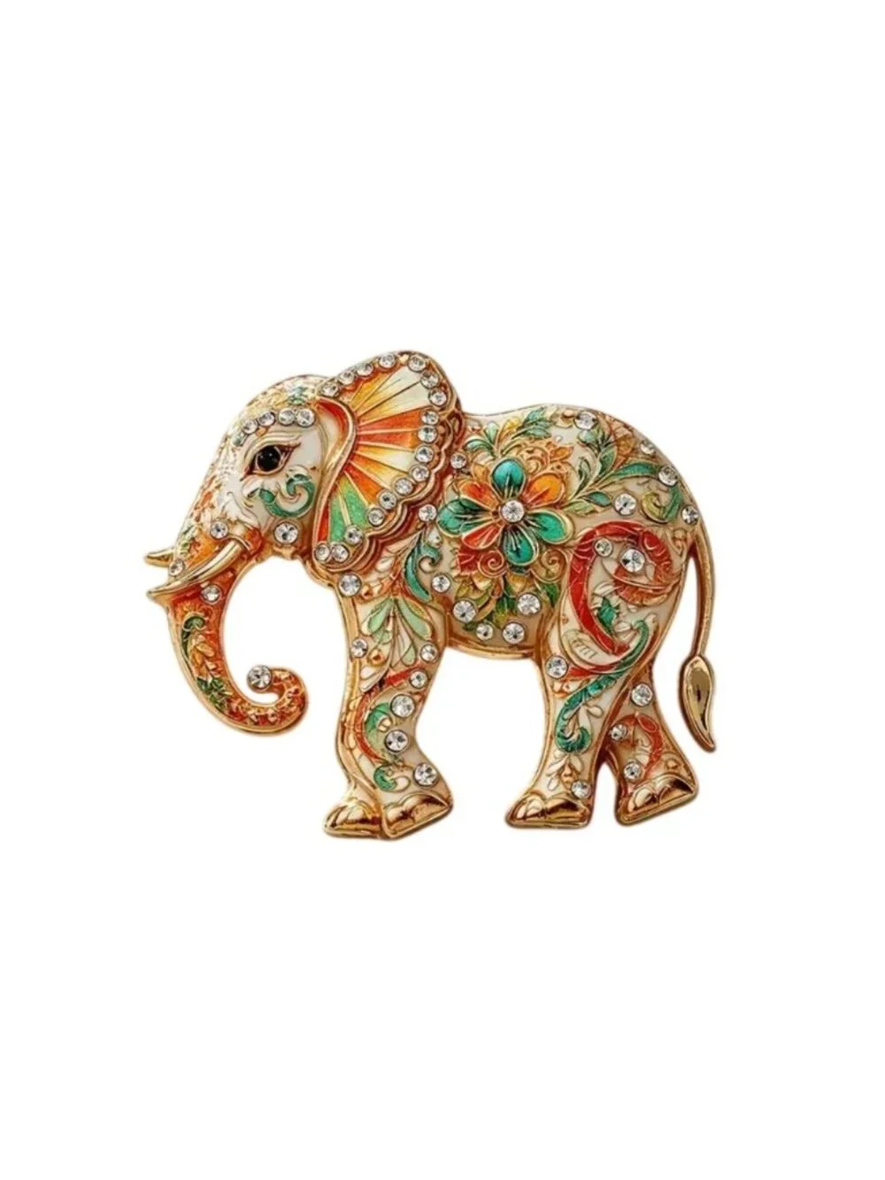 Elephant Brooch Pin With crystals & Enamel Orange & Green Gold Tone Floral
